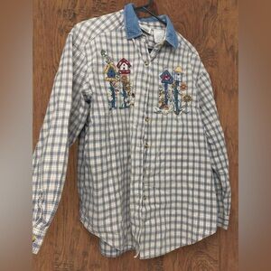 Vintage Plaid Shirt with Birdhouse Embroidery